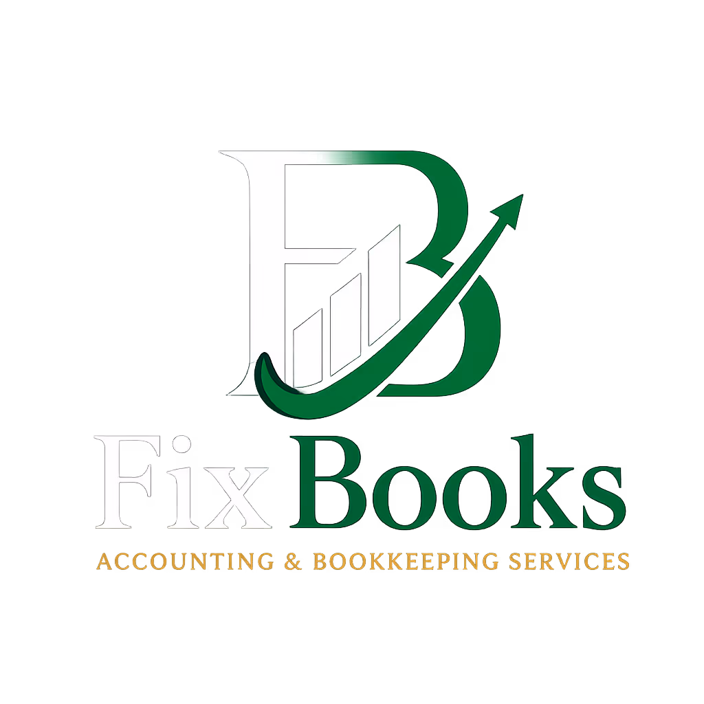 Fix Books logo with stylized letter F and B, a rising arrow, and text for accounting and bookkeeping services.