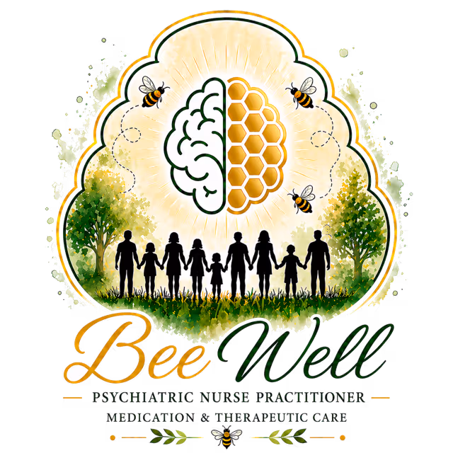 Logo with brain shaped like honeycomb, bees flying, and silhouette of diverse people holding hands below.