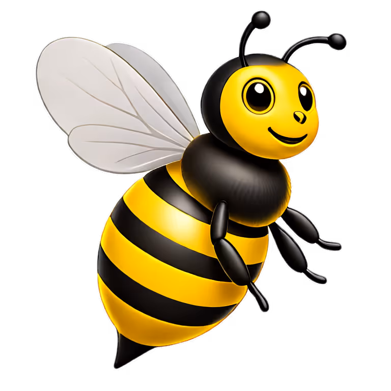 Cartoon bee with yellow and black stripes, smiling with large eyes and translucent wings.
