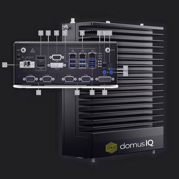Black rectangular device with horizontal cooling fins and domusIQ logo at the bottom.