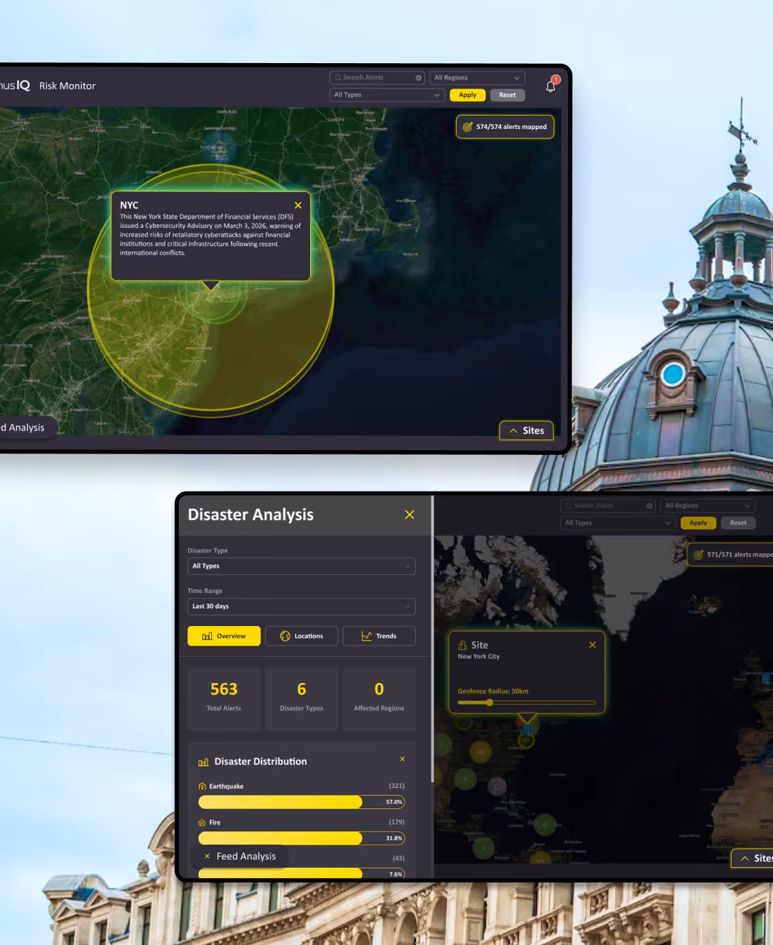 Dashboard showing cybersecurity alerts mapped across a US map and disaster analysis statistics including earthquake and fire distributions.