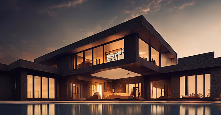 Modern dark exterior house with large glass windows reflecting warm interior lights and a swimming pool at dusk.