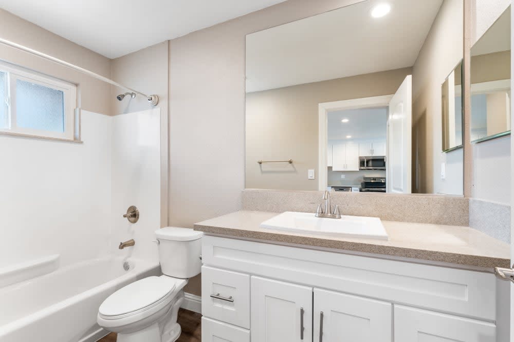 Bathroom with show tub combo and vanity with mirror and white cabinets