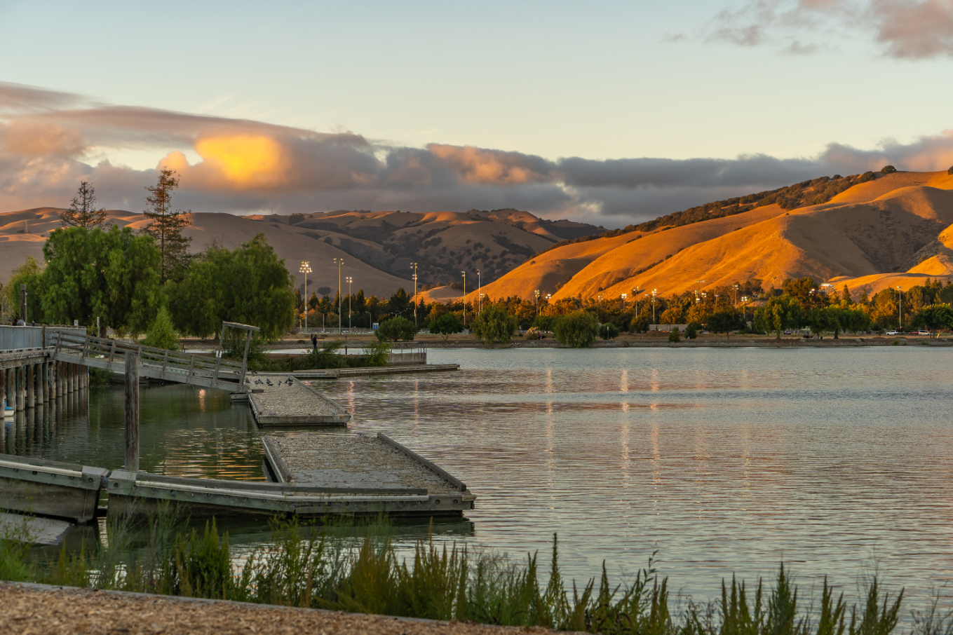 Lake Elizabeth at sunset, Fremont Central Park stock image