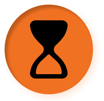 Black hourglass icon centered on an orange circular background.