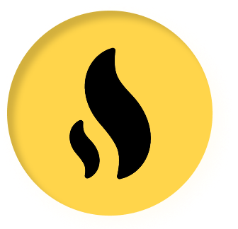 Black flame icon centered on a yellow circular background with shadow effect.