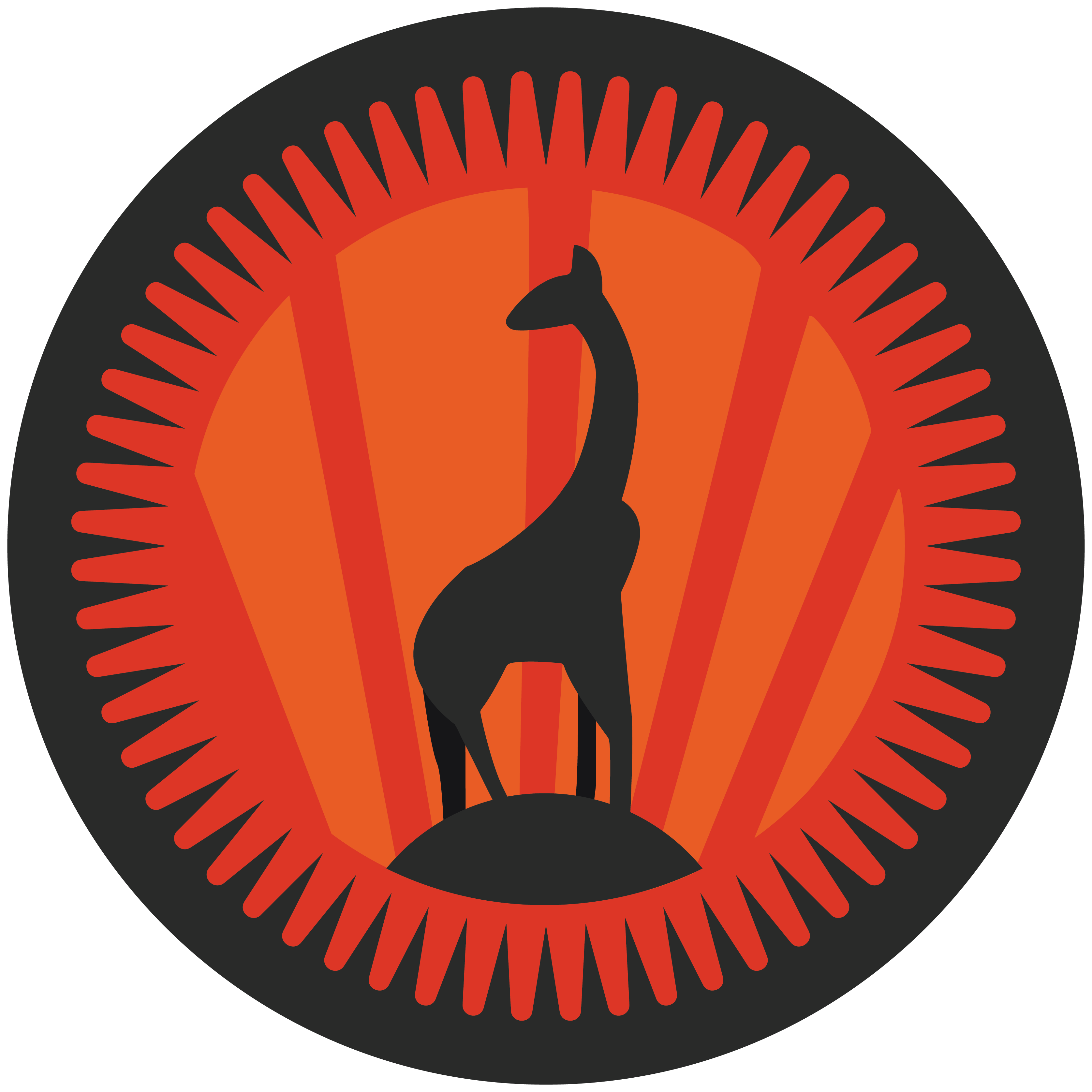 Silhouette of a giraffe standing on a hill with red sun rays in a circular black and orange background.