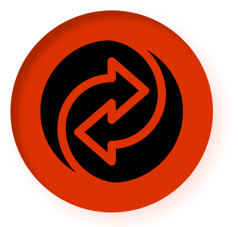 Black circular icon with two curved arrows forming a cycle inside an orange circle background.