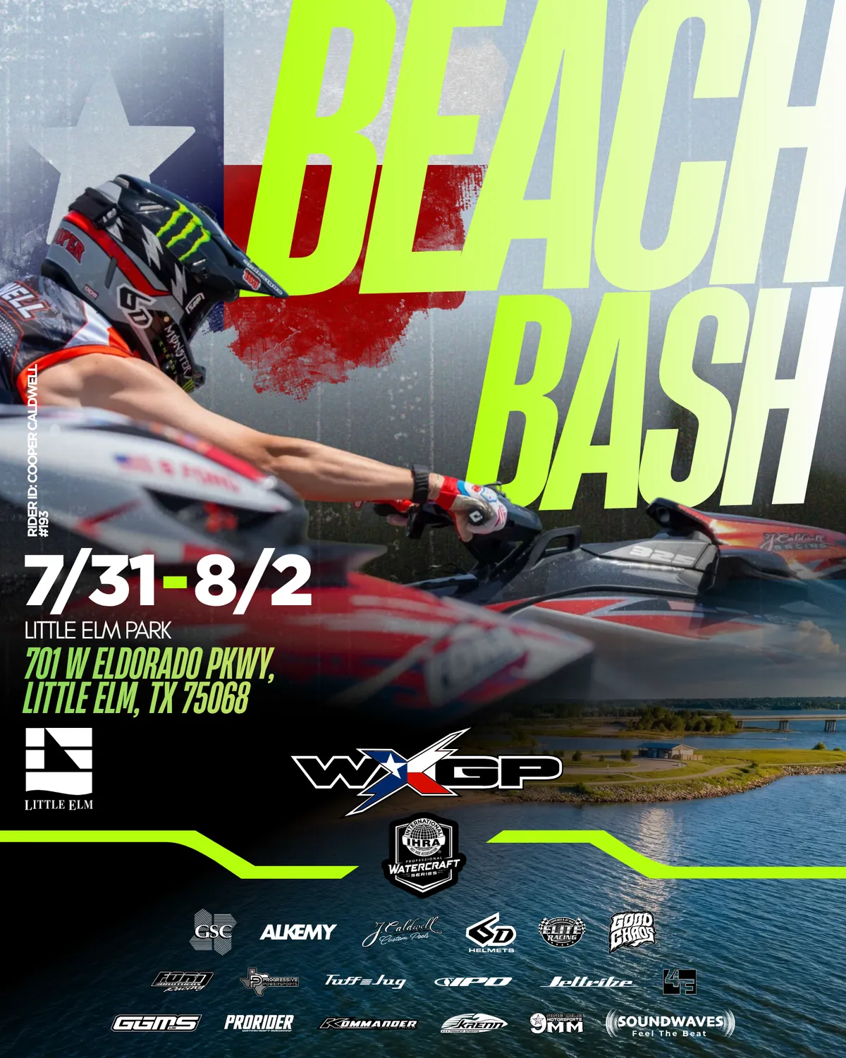 Beach Bash rider poster for Cooper Caldwell #193, July 31 to August 2, Little Elm Park