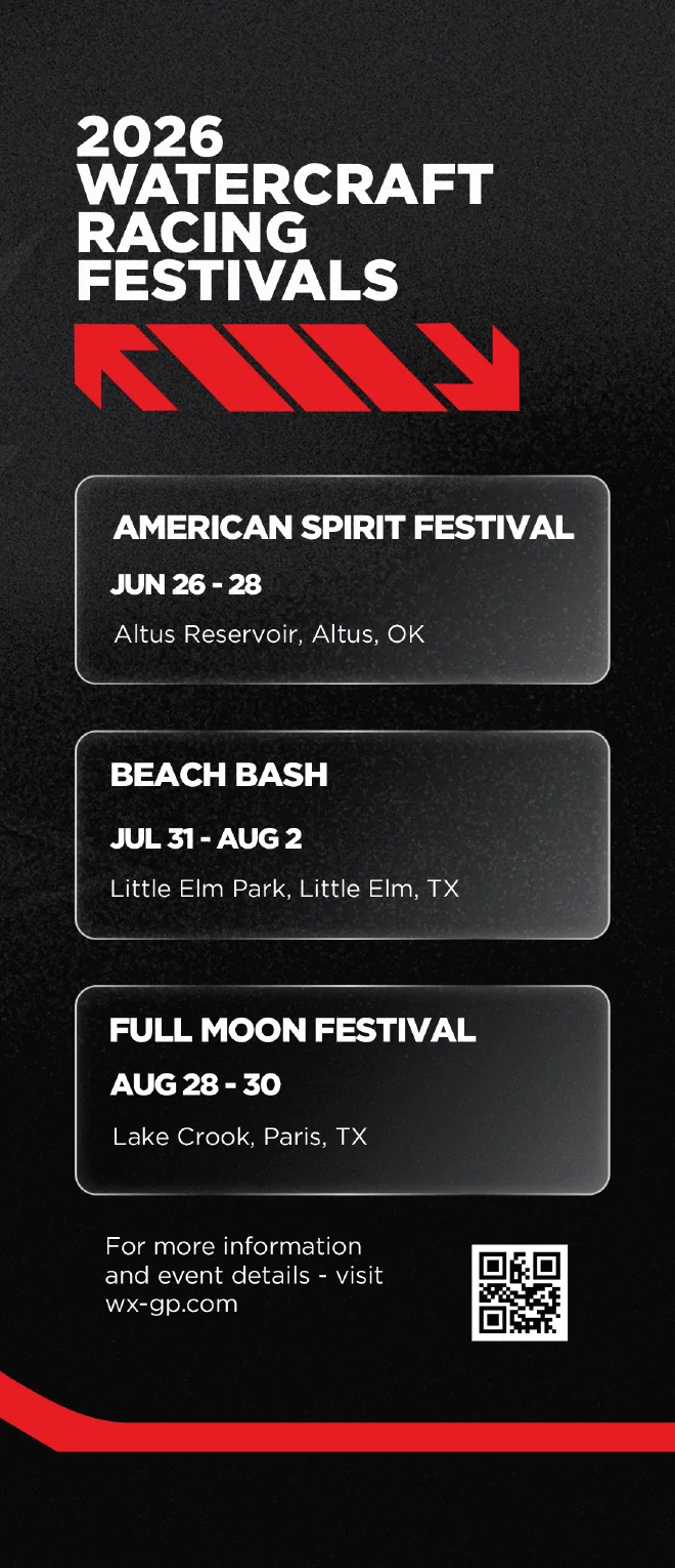 Tri-fold inside right panel: 2026 watercraft racing festivals schedule