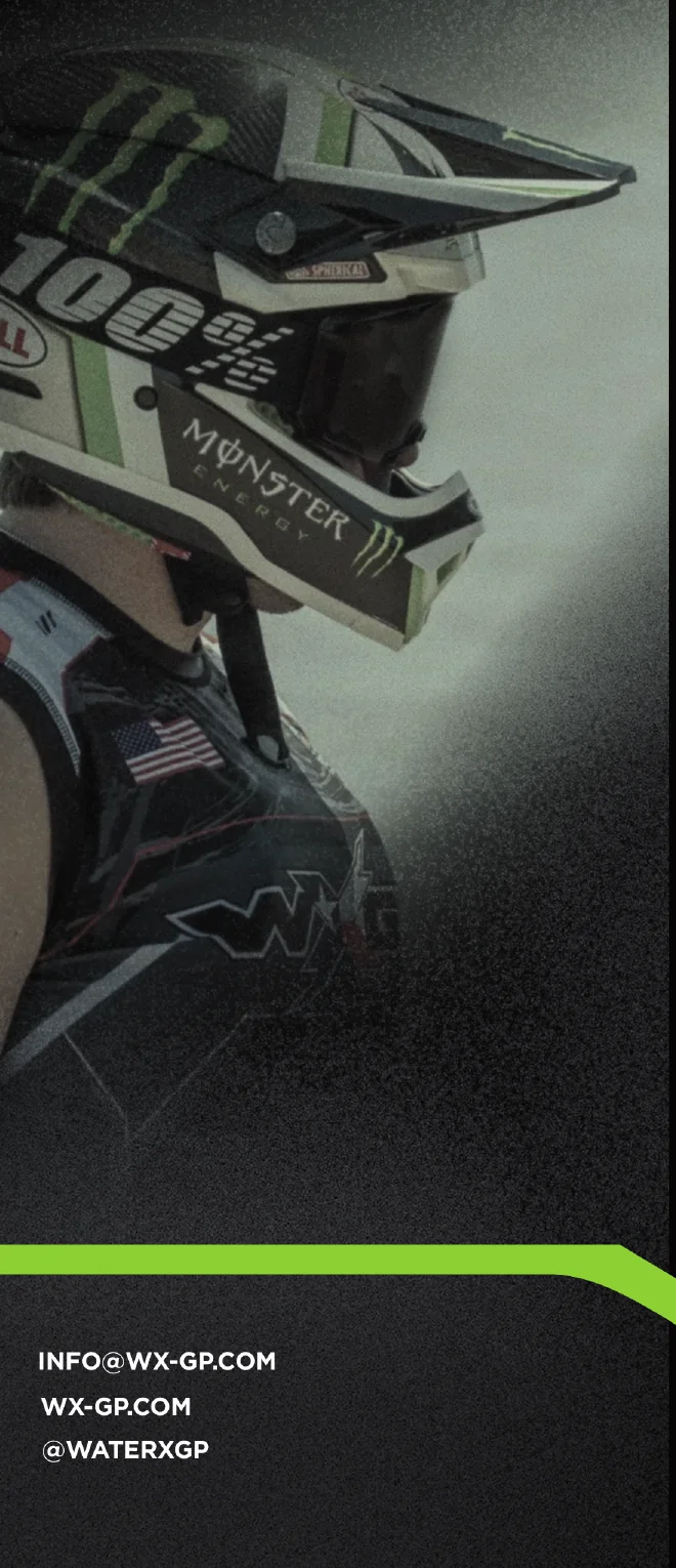 Tri-fold flap panel with rider helmet and contact details