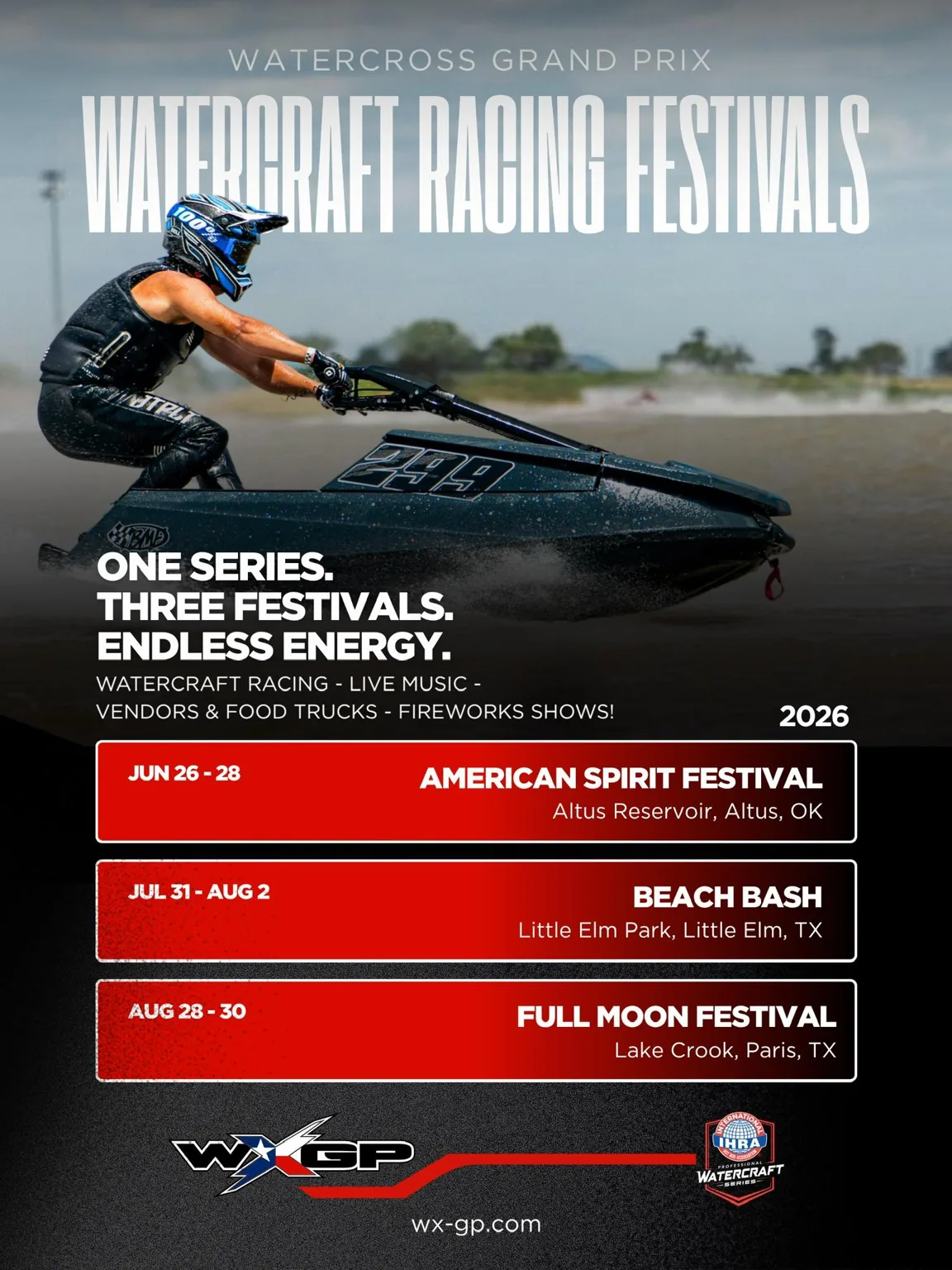 WXGP 2026 season schedule poster: three watercraft racing festivals