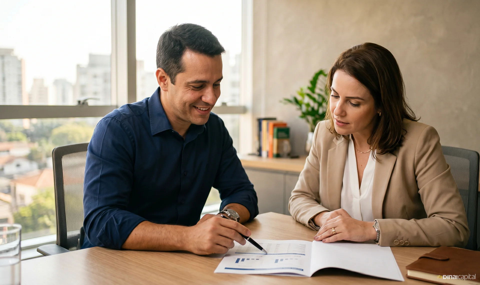 Consultor e cliente em reunião sobre carteira de investimentos