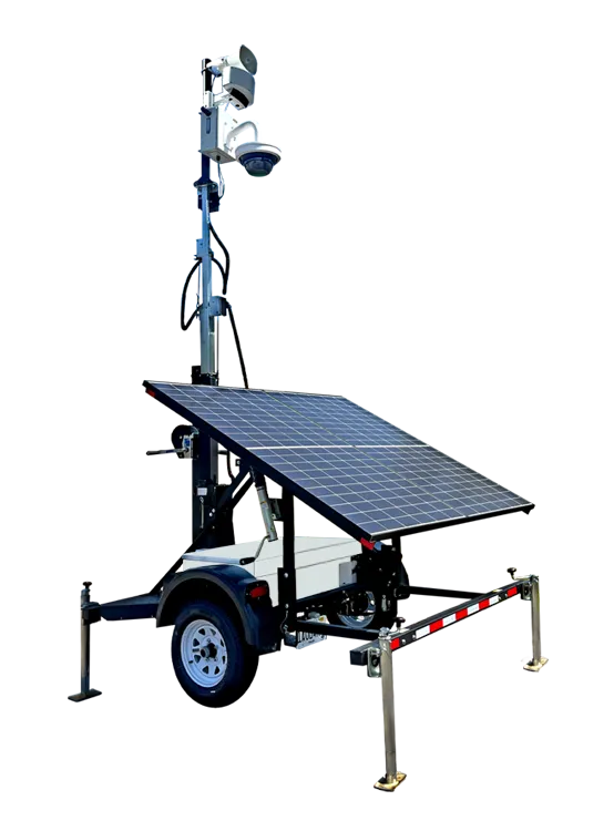 Portable trailer with a solar panel and mounted security cameras on top pole.