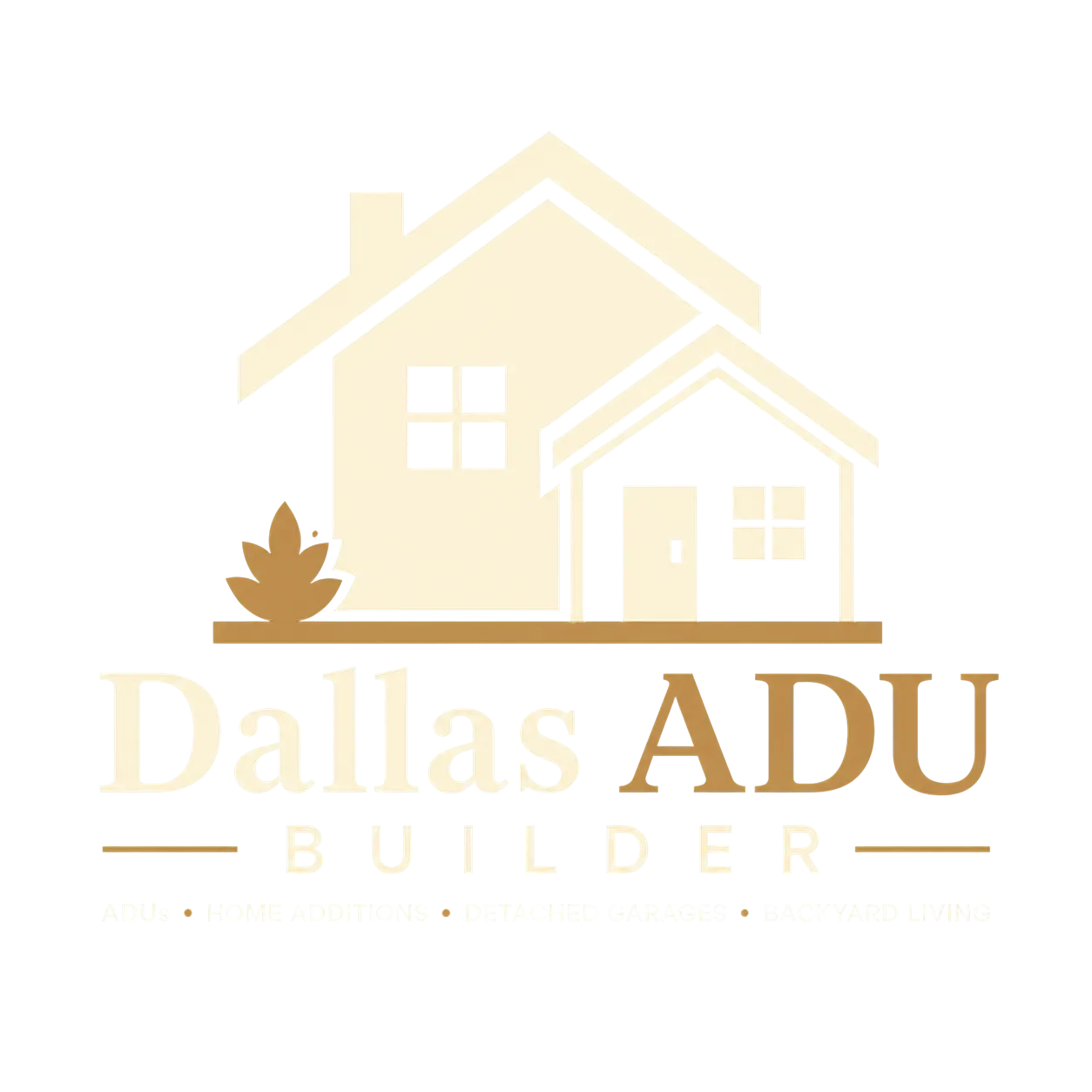 Logo showing two adjoining houses above the text Dallas ADU Builder with service list below.