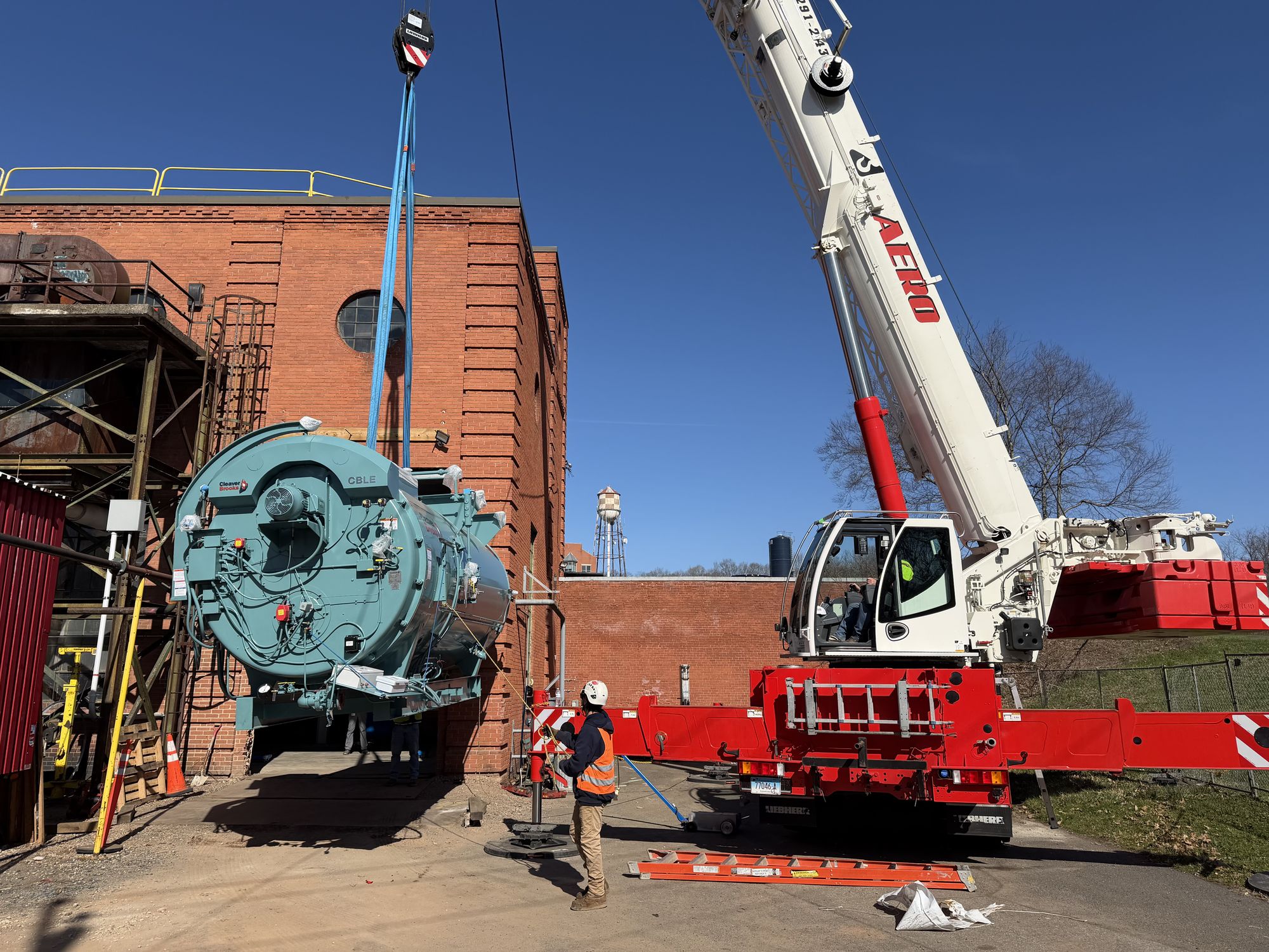 Aero Crane setting an industrial boiler at exterior site