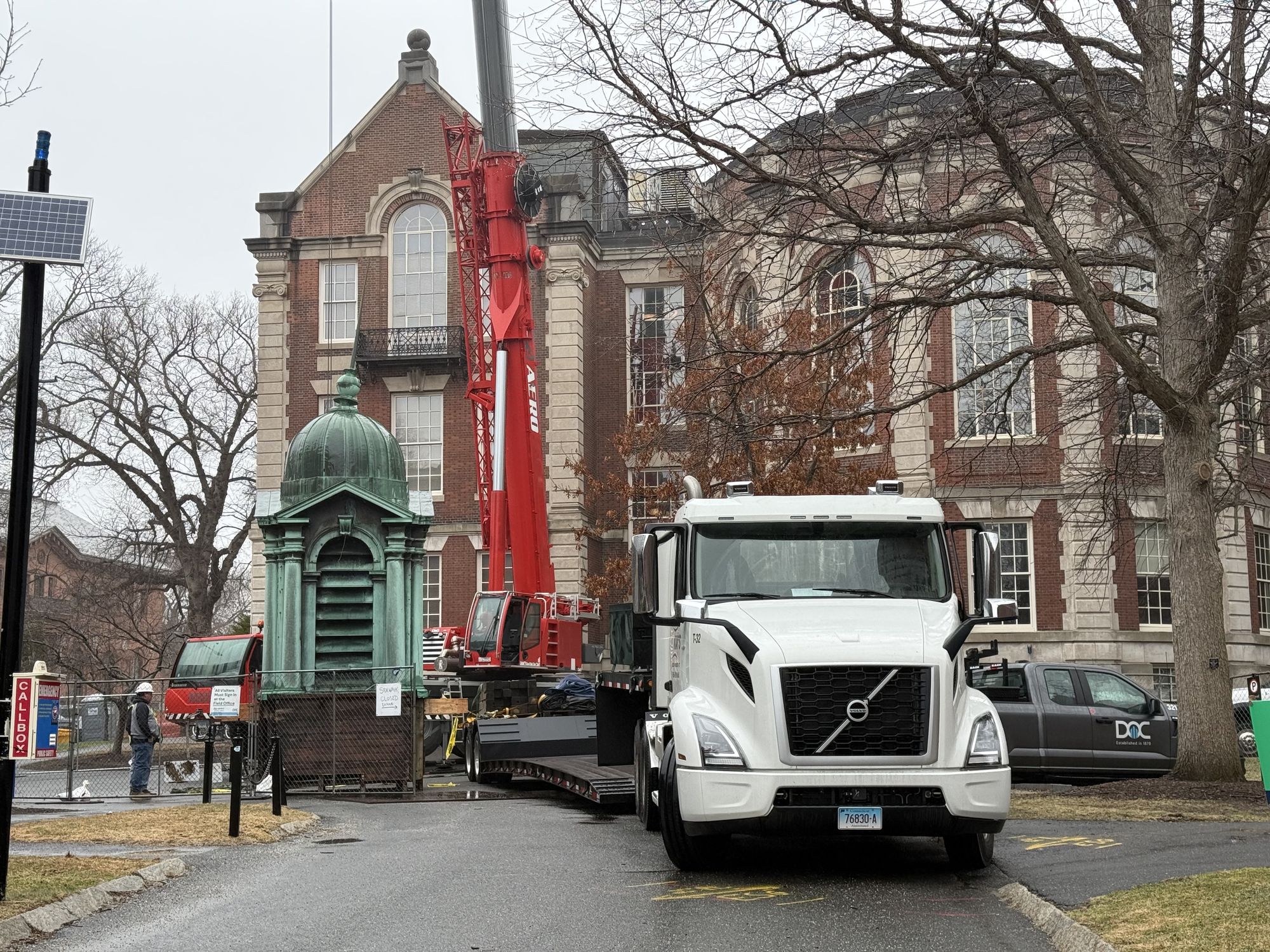 Ground-level view of church cupola removal by Aero Crane