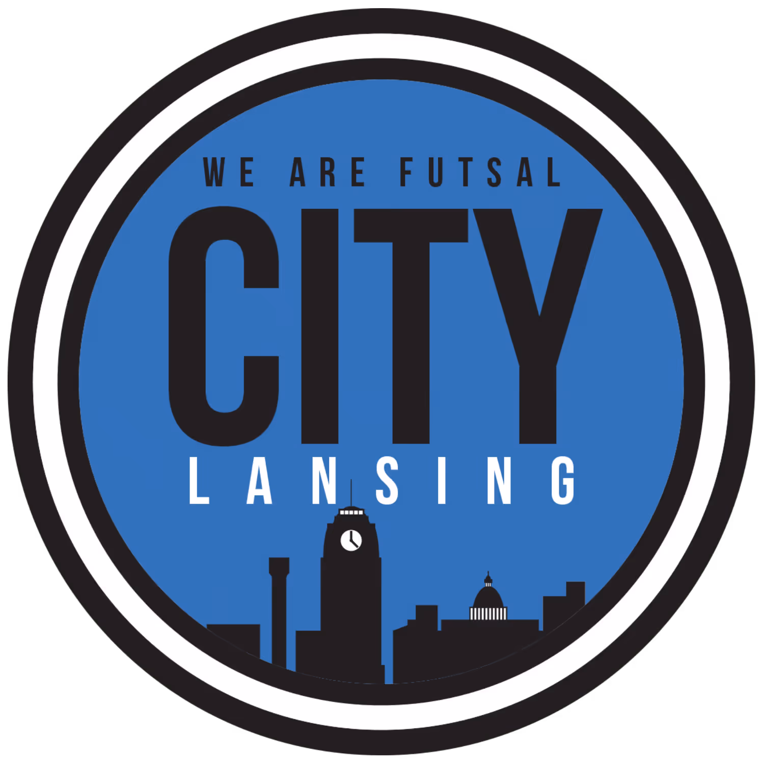 Round blue badge with black city skyline and text 'We Are Futsal City Lansing'.