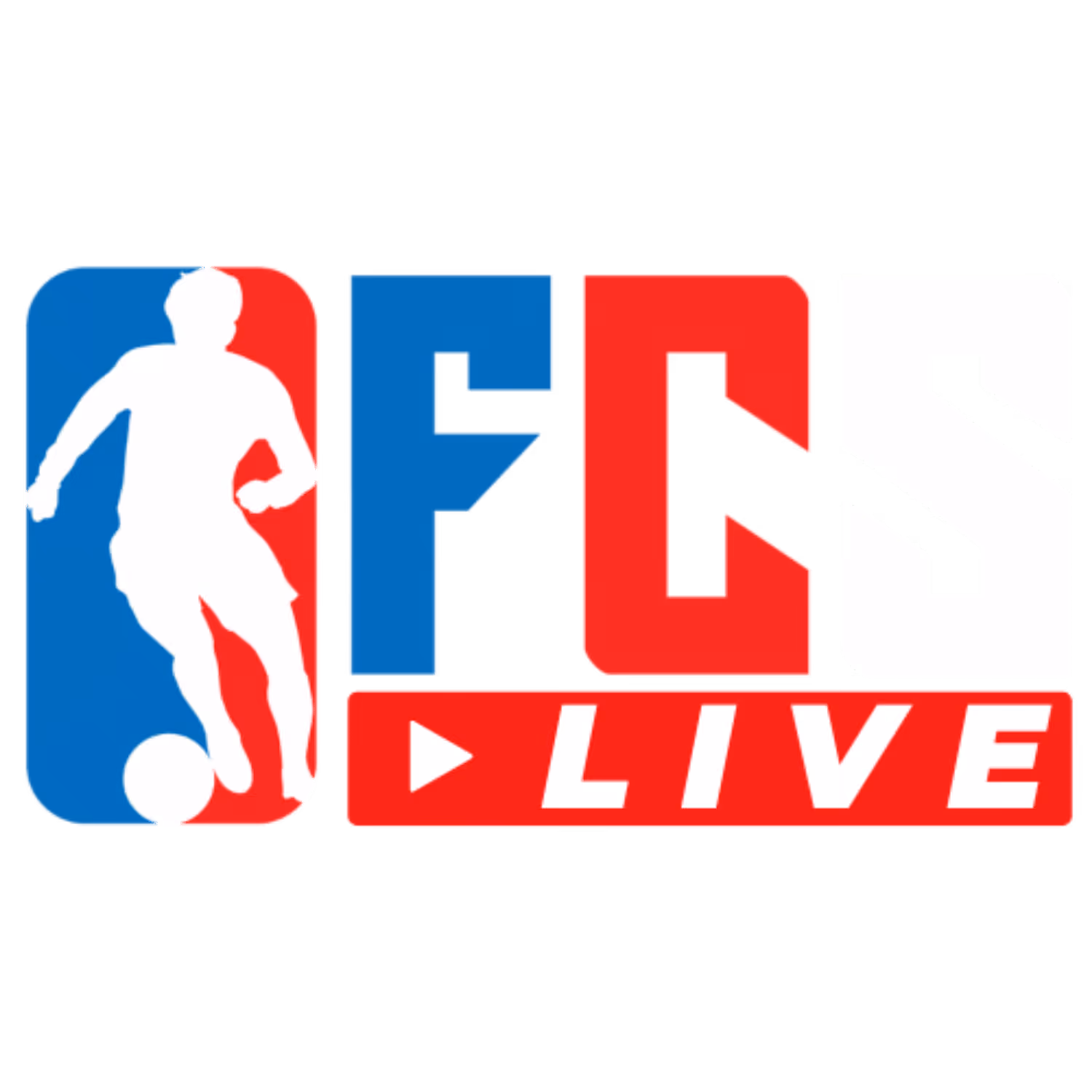 Logo for FCS Live featuring a stylized soccer player silhouette and bold blue, red, and white letters.