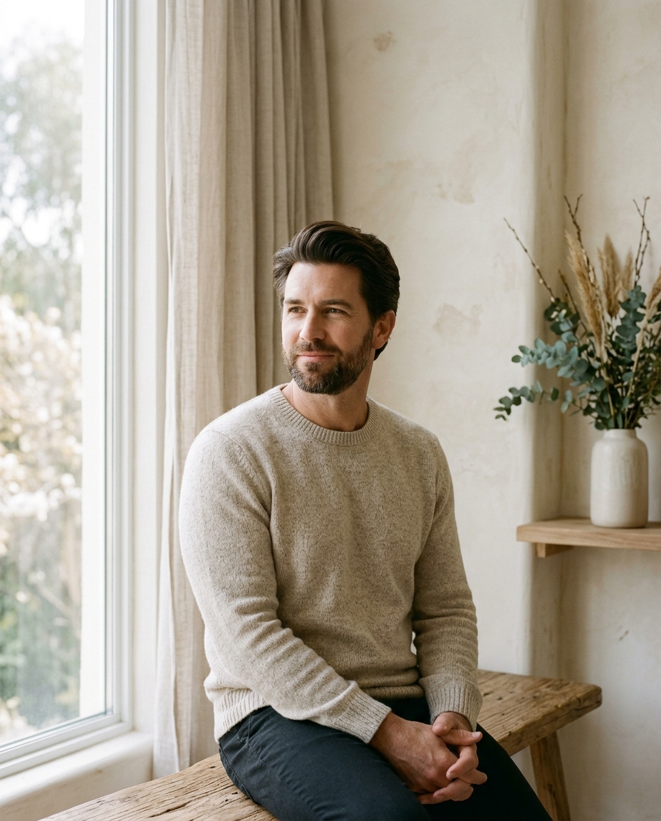 A calm man sitting by a window in a bright room