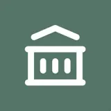 Simple white icon of a bank or government building with three columns and a triangular roof.