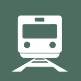 Front view of a train on tracks icon with green background.