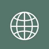 White globe icon with latitude and longitude lines on green background.