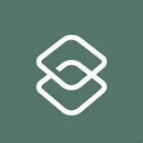 Minimalist white geometric logo with two interlocking shapes on a muted green background.