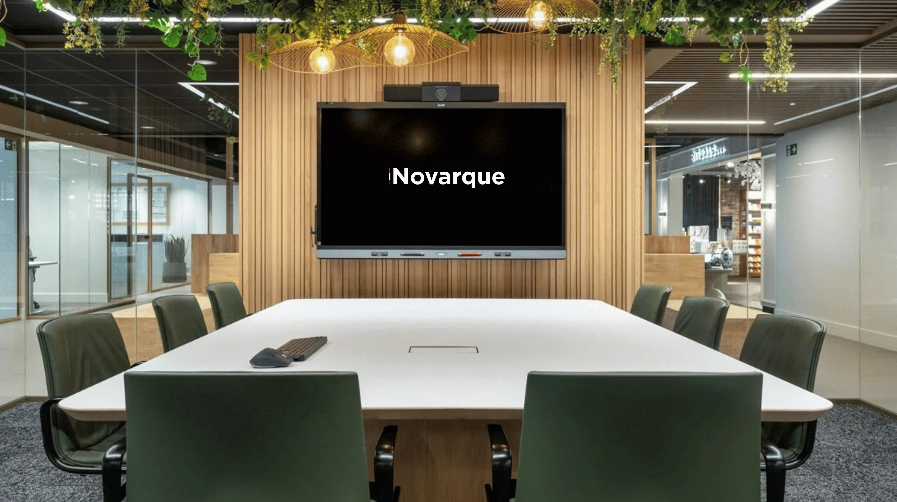Modern conference room with large white table, green chairs, hanging plants, and screen displaying 'Novarque'.