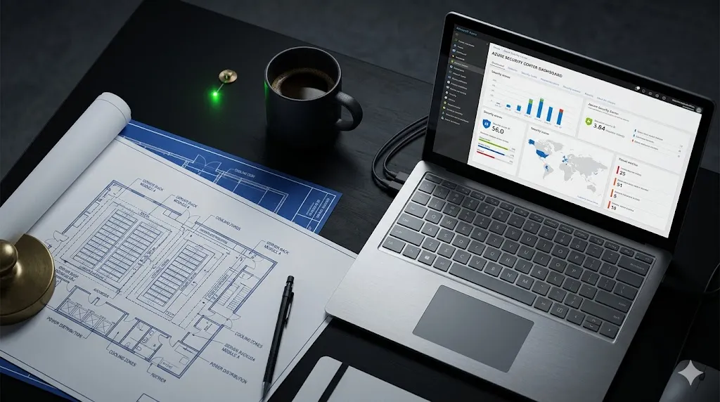 Laptop displaying Azure Security Center dashboard beside architectural blueprints, a pen, and a coffee mug on a black desk.