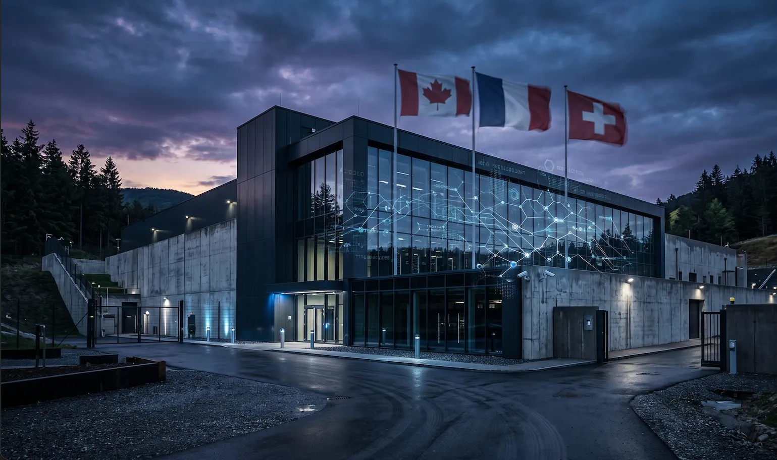 Modern building with concrete and glass facade at dusk, flying flags of Canada, France, and Switzerland.