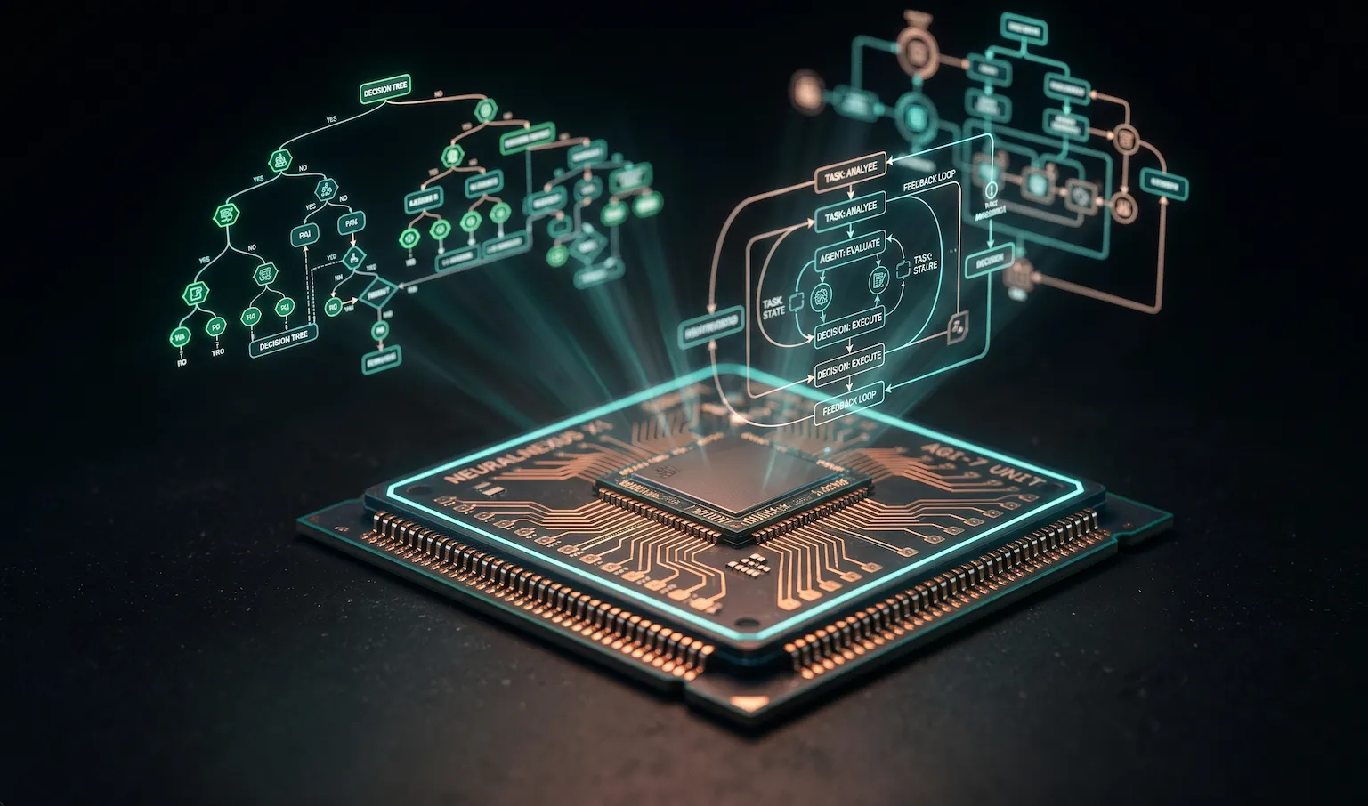 Close-up of a neural network chip with holographic decision tree and process flow diagrams above it.