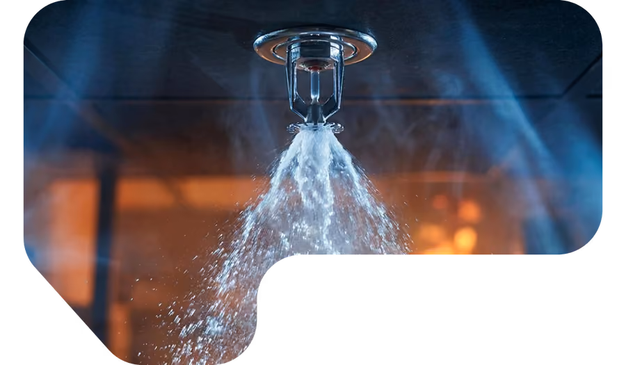 a fire sprinkler spraying water onto a fire