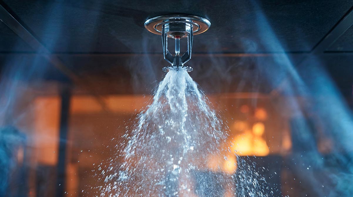 a fire sprinkler spraying water onto a fire