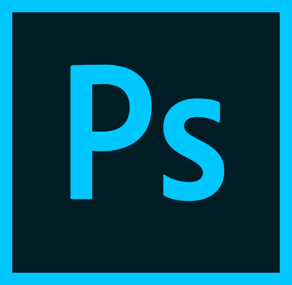 Adobe Photoshop logo with blue letters 'Ps' on a dark square background and bright blue border.