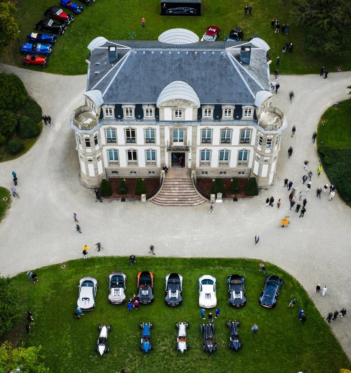 Bugattis lined up at an estate