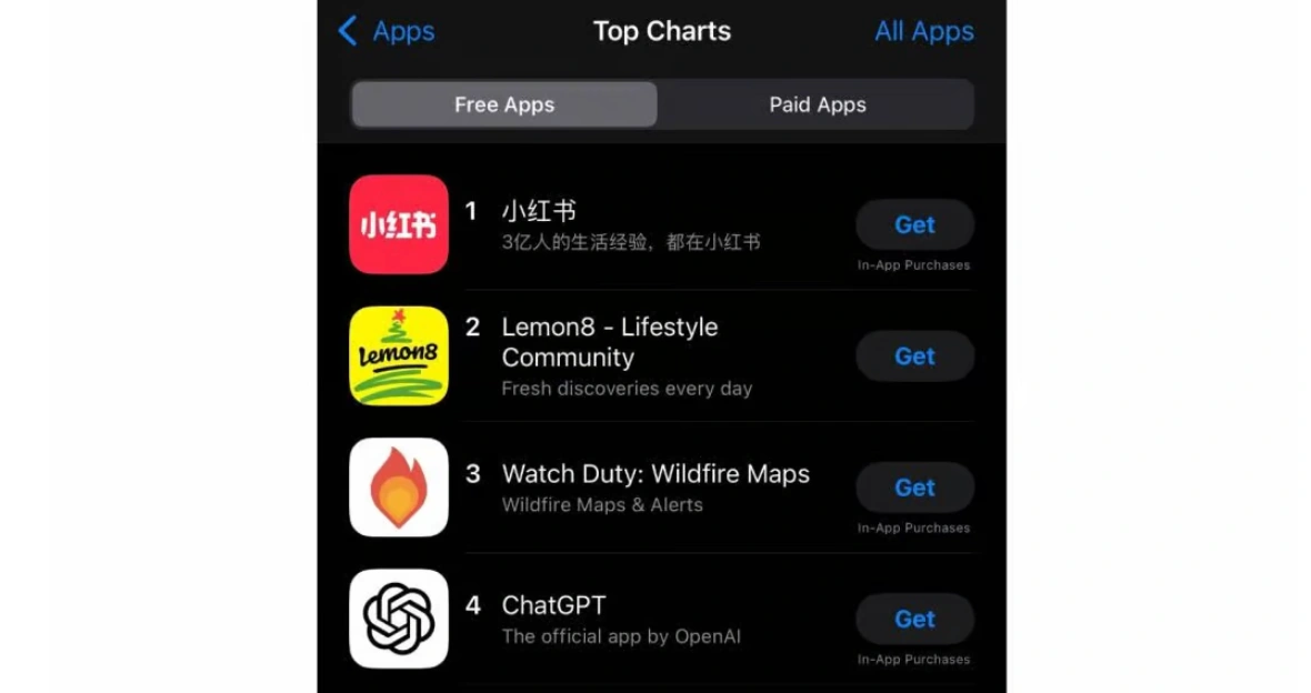 The RedNote app at the top of the Apple Appstore Charts.