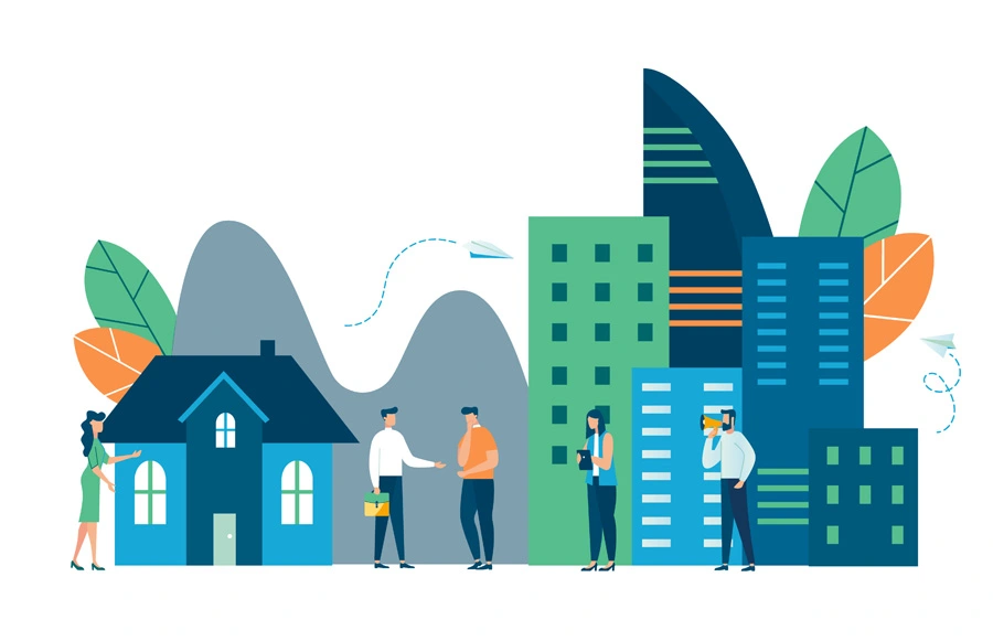 illustration of people and buildings