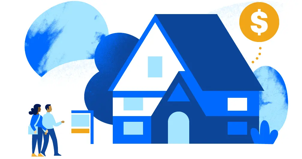 blue drawing of a house with a couple