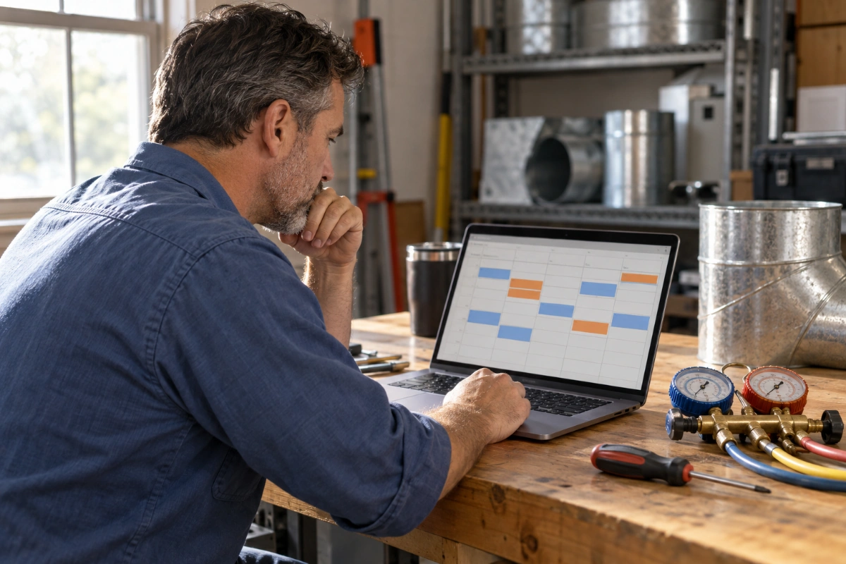 HVAC technician reviewing a scheduling calendar on a laptop in a workshop.