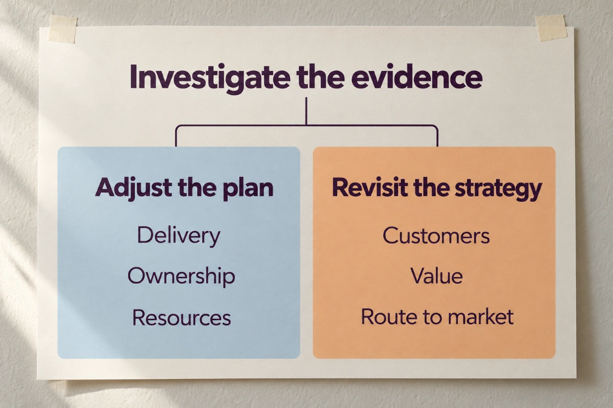 Investigate the evidence: adjust delivery, ownership and resources in the plan, or revisit customers, value and route to market in the strategy.
