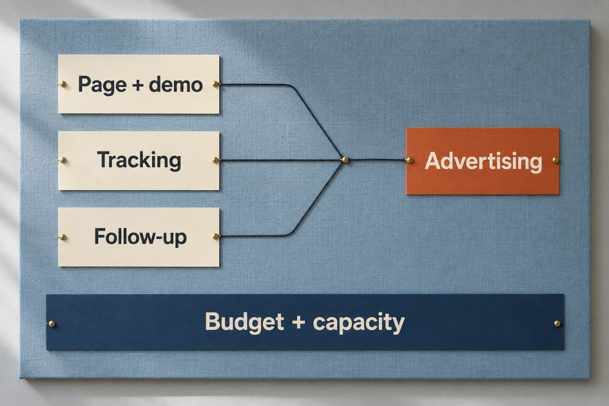 Page and demo, tracking, and follow-up feed into advertising, supported by budget and capacity.