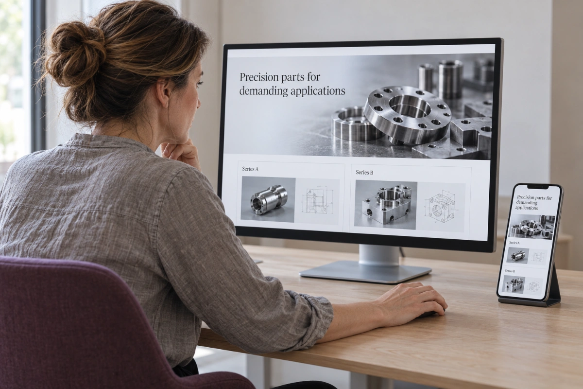 Woman reviewing a manufacturer’s website on desktop and mobile screens.