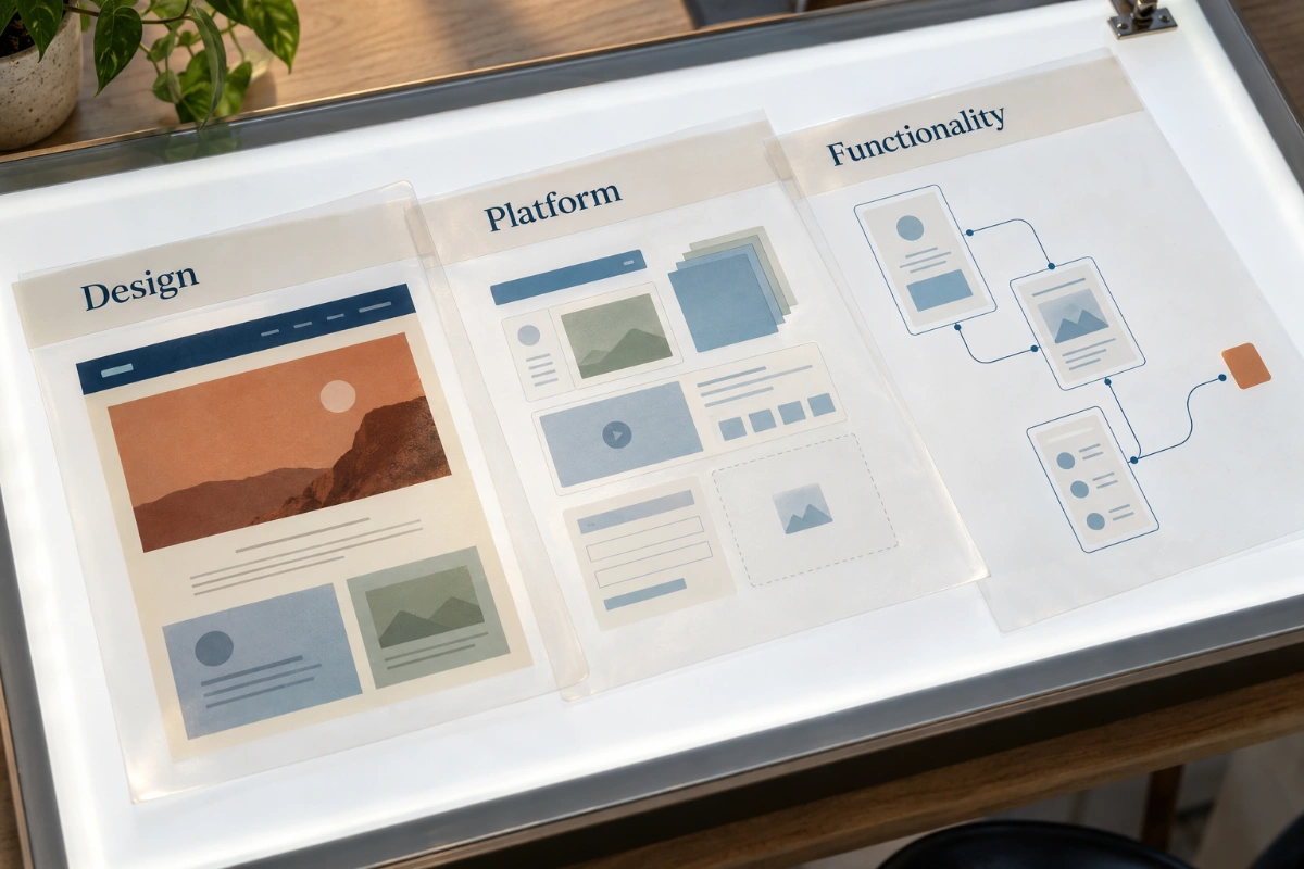 Transparent sheets separate website design, platform, and functionality.