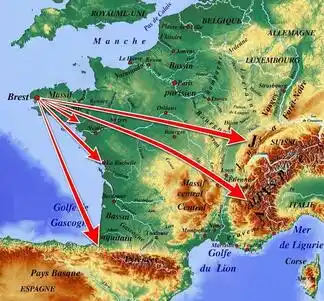 Carte France destinations depuis Brest - Trezia