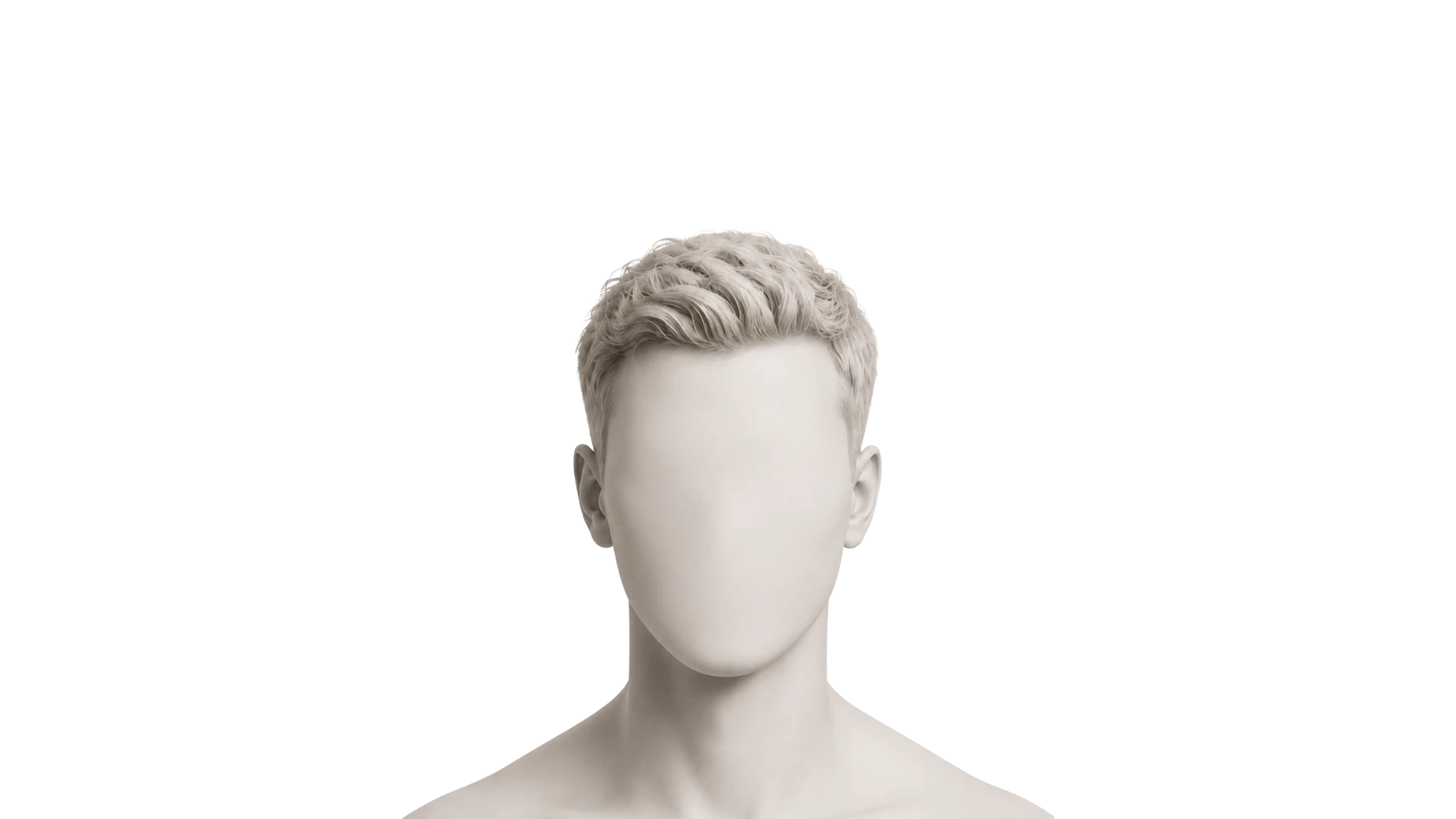 Weißer männlicher Kopf mit blonden Haaren ohne Gesichtszüge vor schwarzem Hintergrund.