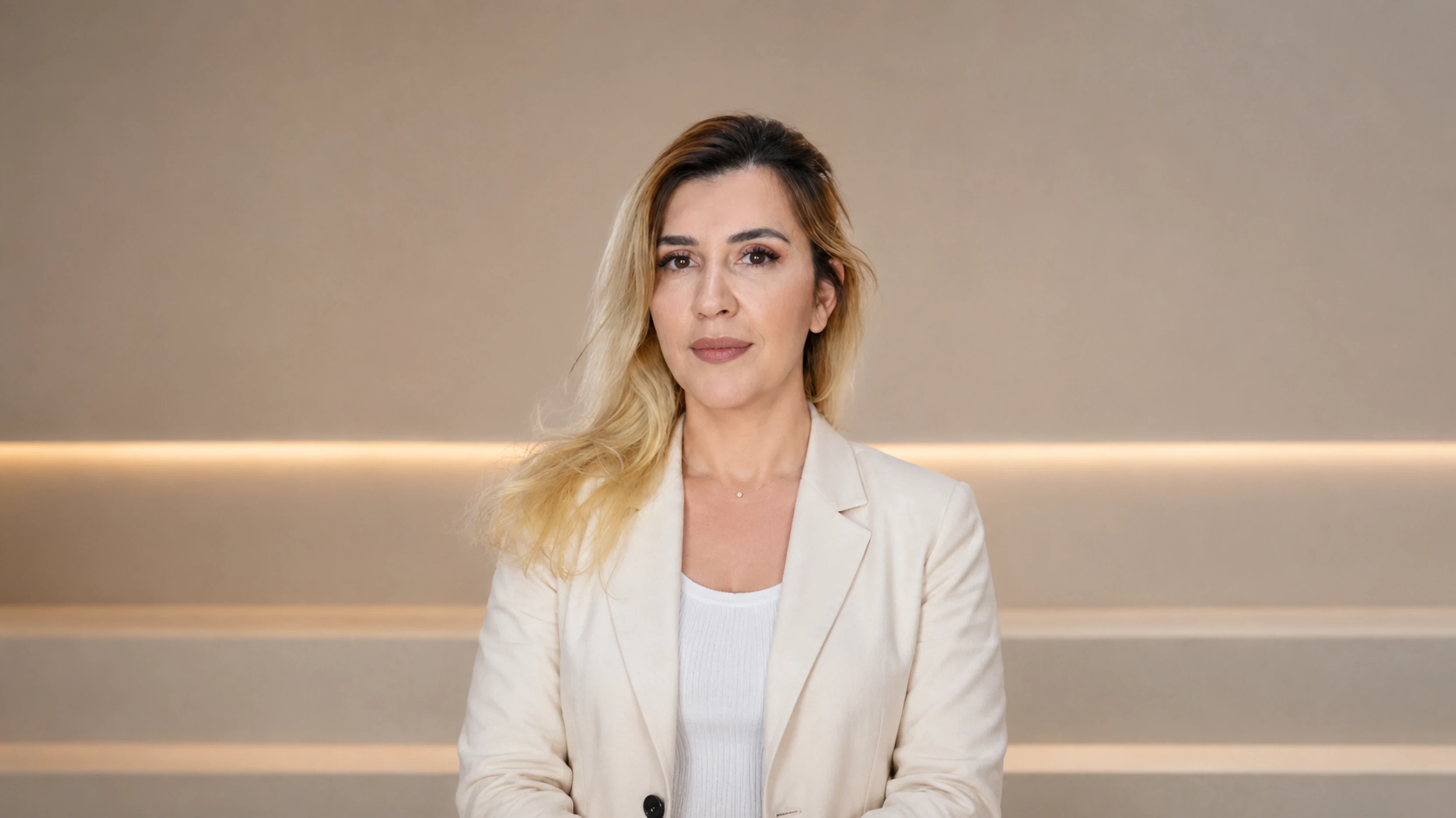 Frau mit blondem Haar in cremefarbenem Blazer vor beiger Wand mit horizontalen Lichtern.