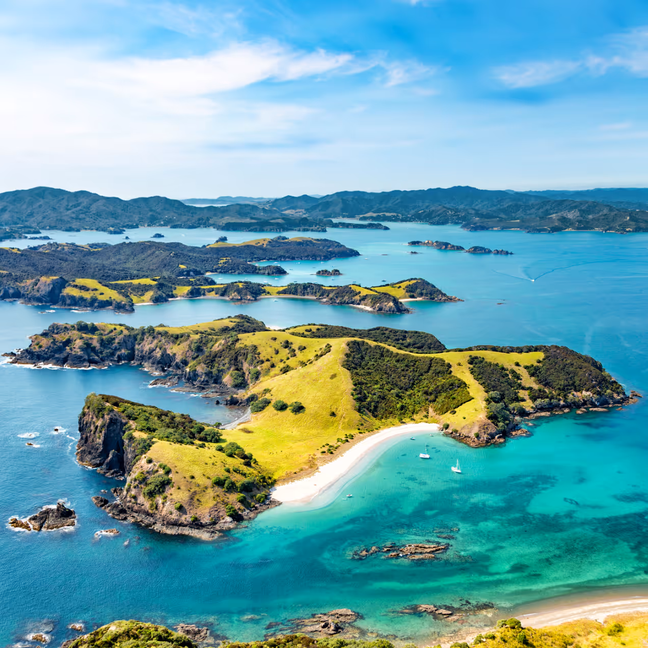 Aerial view of the New Zealand coastline with island bays and native bush