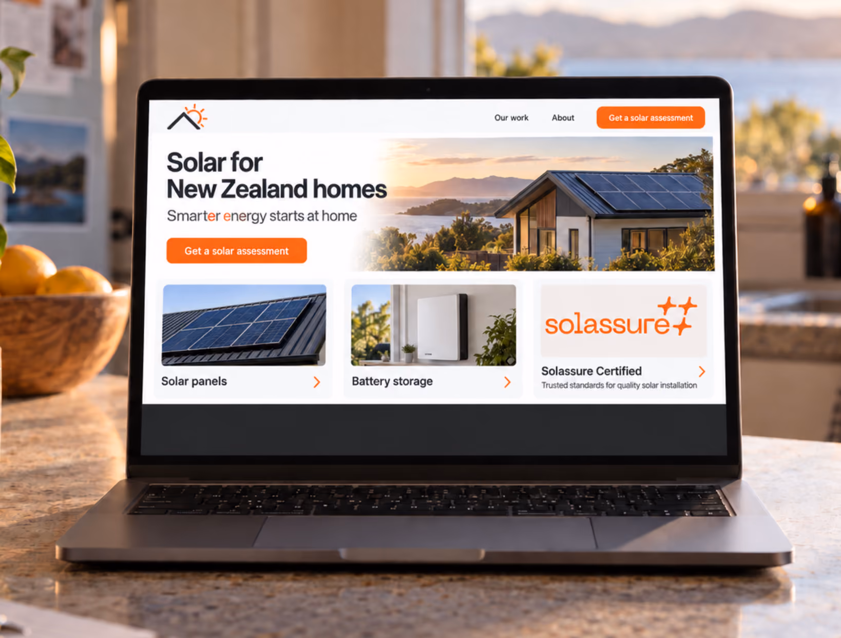 Installer website footer showing the Solassure Certified badge alongside other accreditations