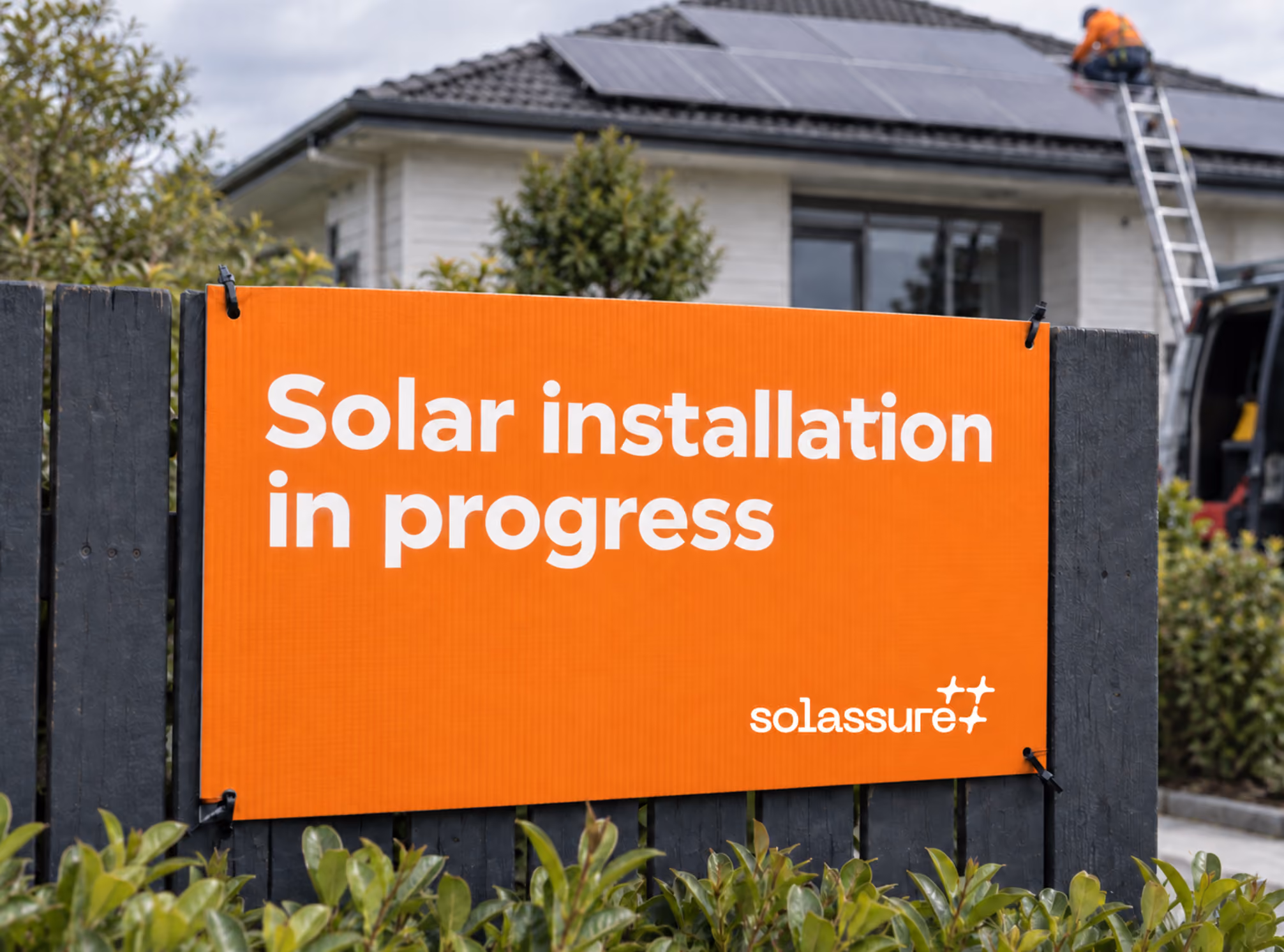 Site sign reading Solar installation in progress with the Solassure Certified mark